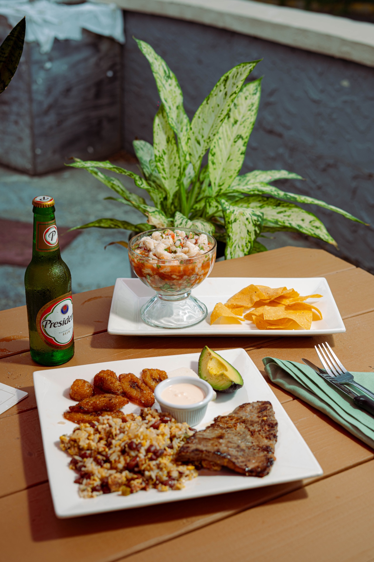 Steak plate with ceviche and beer